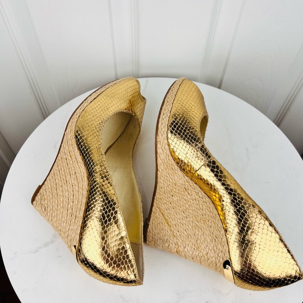 MICHAEL KORS Gold Leather Espadrille Wedge Slip On Peep Toes Pumps Shoes - Picture 5 of 11